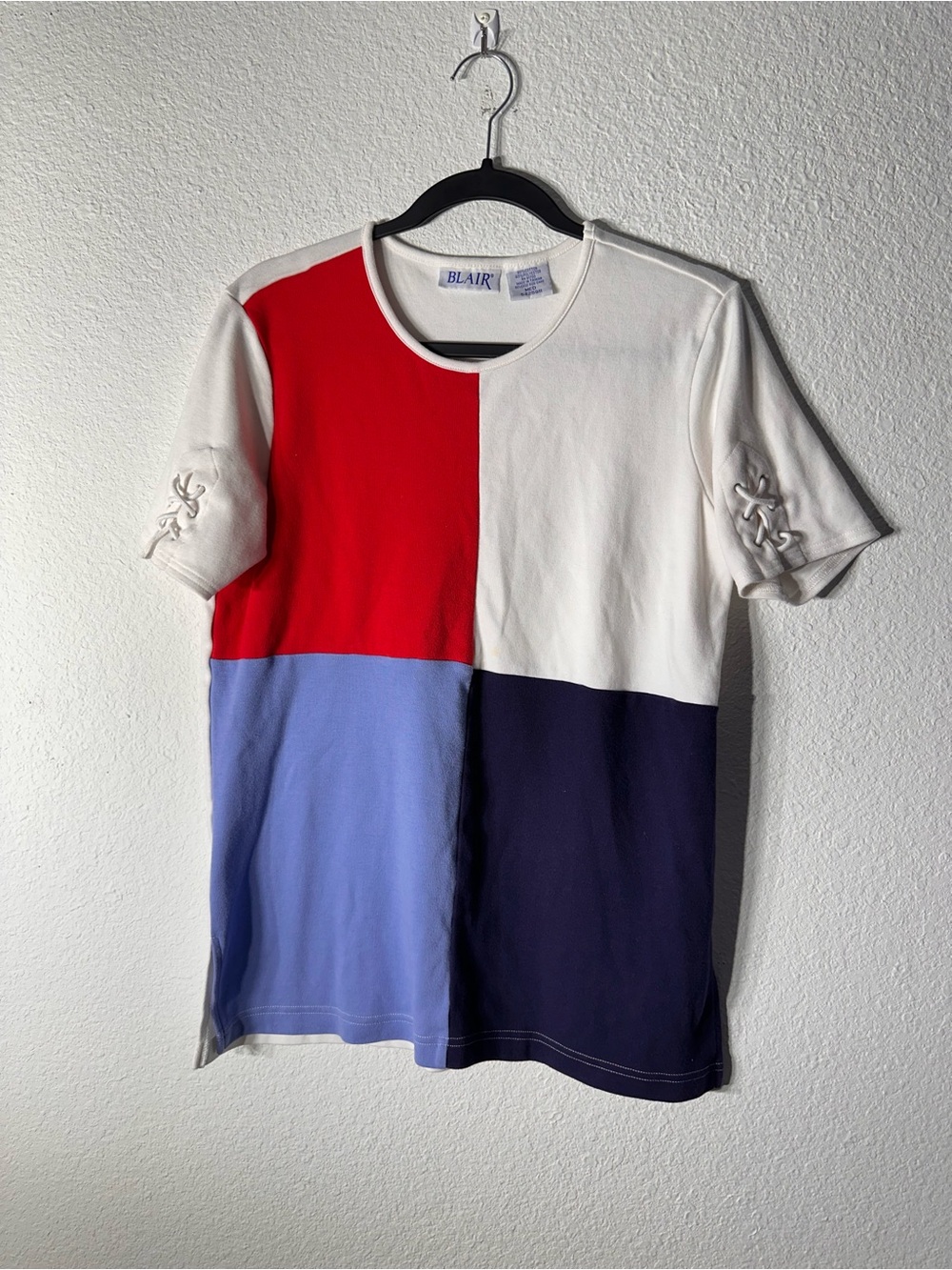 Vintage 90s Blair Colorblock Short Sleeve Top Lace Up Sleeve Retro Tee M